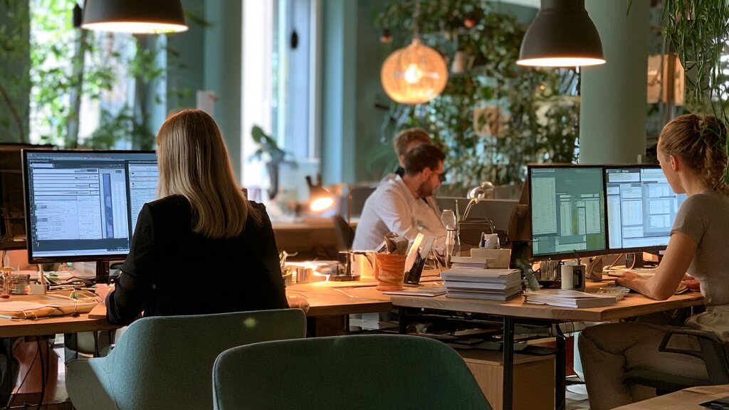 Offenes Büro mit mehreren Arbeitsplätzen, ein Platz mit Papierstapel im Vordergrund