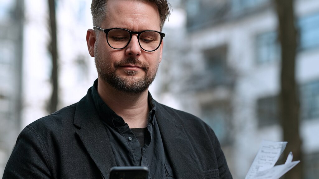 Unternehmer mit Smartphone in der einen und Papierrechnungen in der anderen Hand