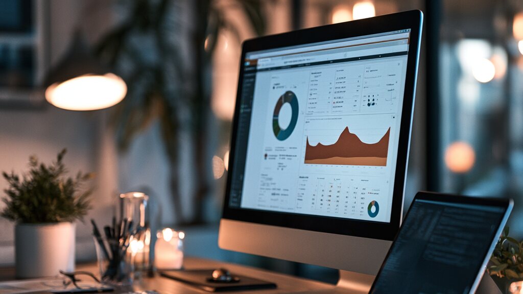 Monitor mit einer einfachen Kennzahlen-Übersicht auf einem Schreibtisch am Abend