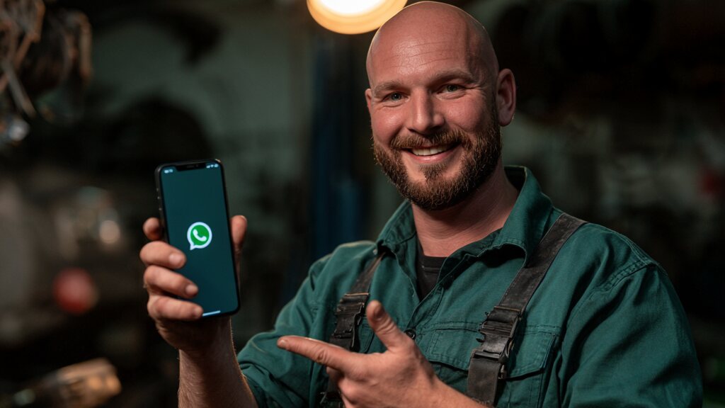 Monteur in grüner Arbeitskleidung in einer Werkstatt zeigt auf sein Smartphone mit geöffnetem WhatsApp